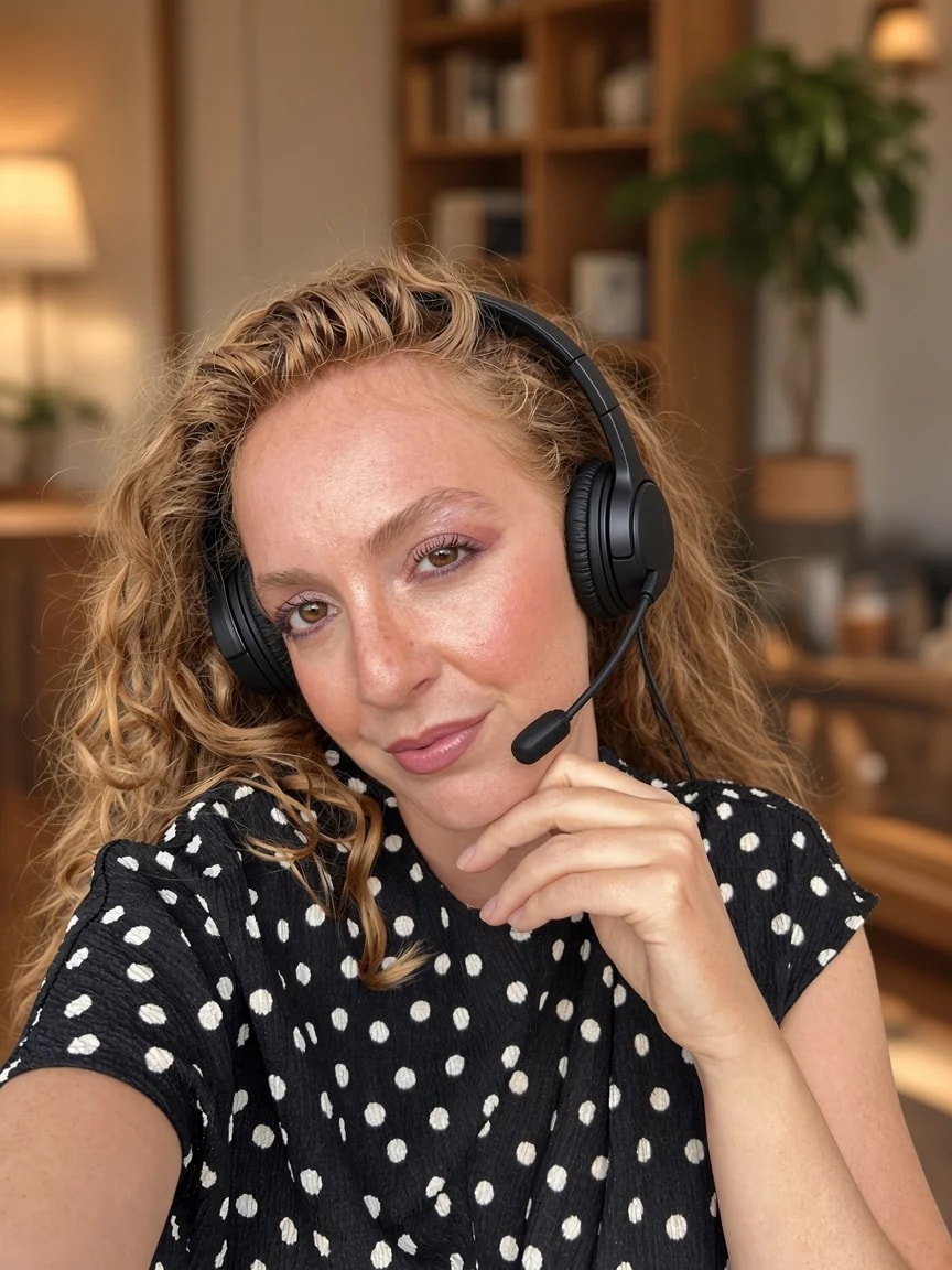Flo, casque audio sur les oreilles, le menton posé sur la main, sourit à la caméra pour un bilan en visio.